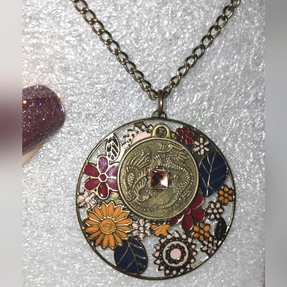 Enamel Floral Open-work Gold Pendant w/ Foreign Coin